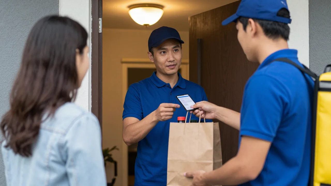Delivery driver checking a customer's photo ID at a doorway while holding a paper bag with unlabeled bottles under an evening porch light