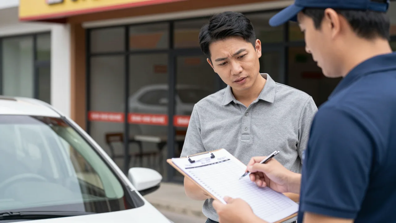 Restaurant manager and delivery driver reviewing a mileage log on a clipboard beside a parked car outside a restaurant in daylight