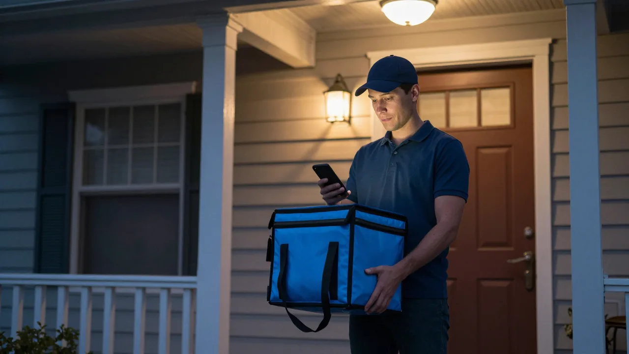 Delivery driver standing on a residential porch at dusk holding an insulated bag and checking a phone with the porch light on