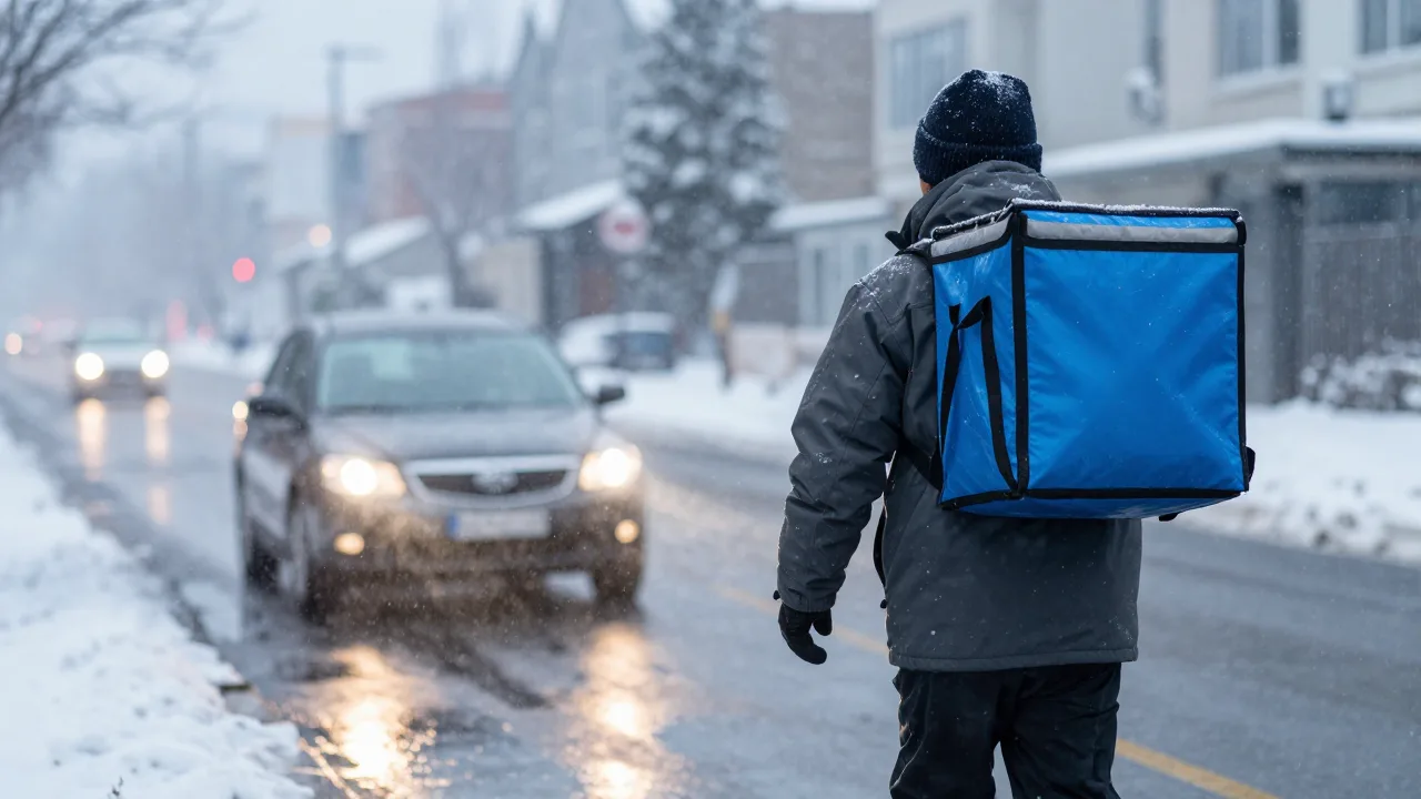 Delivery driver in a heavy jacket carrying an insulated bag through falling snow toward a car on a wet street at dusk