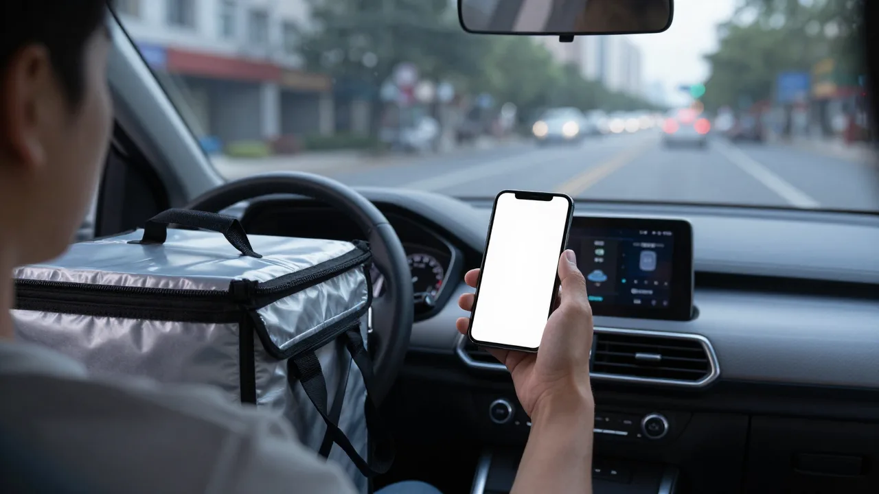 Delivery driver checking a dashboard-mounted phone with an insulated food bag on the passenger seat on an evening city street